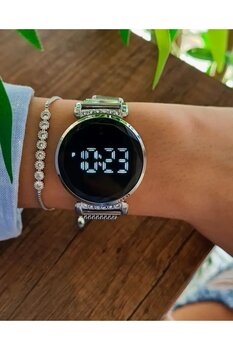 ÇENÇEN Kadın Taşlı Çelik Dijital Led Dokunmatik Kol Saati