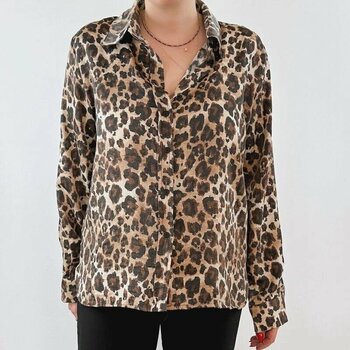 Modaonna Leopar Desen Rahat Kalıp S Kahverengi Uzun Kol Yaka Gömlek