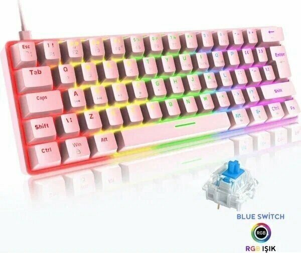 Katsuta Blue Switch Mekanik Mini 62 Tuşlu Pembe Kablolu Oyuncu Klavyesi