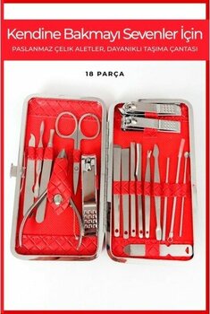 Kırmızı Deri Çantalı Paslanmaz Çelik 18 Parça Manikür Pedikür Seti - Seçenek 1
