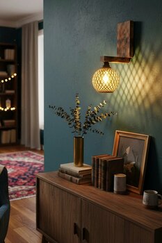 Celestia Rustik Ahşap Aplik Jüt İp Başlıklı Duvar Lambası Bohem Salon Yatak Odası Dekoratif Aydınlatma