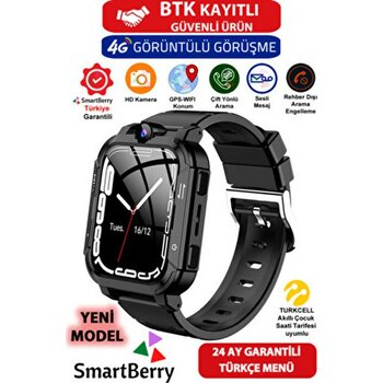 SmartBerry Z34 Görüntülü Görüşme Gps Wıfı Net Konum Gizli Dinleme Akıllı Çocuk Takip Saati Sim Kartlı - Siyah