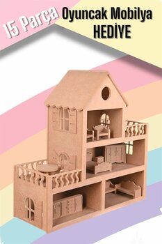 Buradadavar Hobi Ahşap Çocuklar Için Eğitici Eğlenceli Barbie Bebek Evi Oyuncak (15 ADET MOBİLYALI)