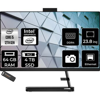 Lenovo Ideacentre 24IAP7 i5 12450H All In One Bilgisayar 64GB RAM 4TB SSD 23.8" FHD FreeDOS + Per4 USB F0GH01JGTRP350 - Siyah