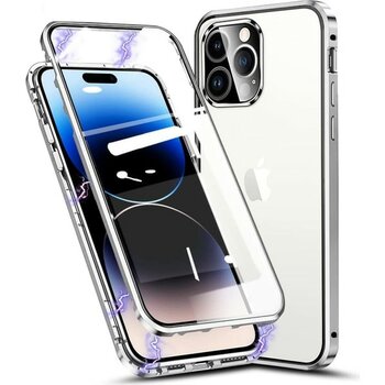 Nealdin iPhone 13 Pro Max 360° Manyetik Tam Koruma Kılıf,  Ön Arka Cam, Metal Şeffaf Çerçeve - Gümüş