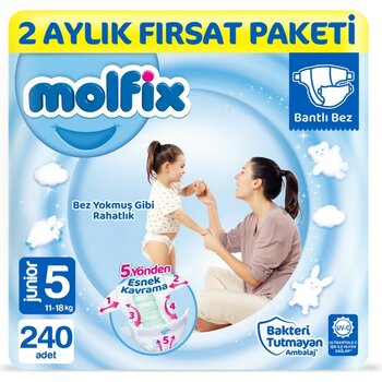 Molfix 5 Beden Bantlı Bebek Bezi 240 Adet 11-18 kg Ekstra Yumuşak 2 Aylık Fırsat Paketi