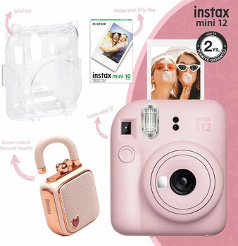 Instax Mini 12 Pembe Fotoğraf Makinesi-10'lu Film-Şeffaf Kılıf Ve Divoom Lovelock Mini Ses Kayıt Özellikli Bluetooth Hoparlör