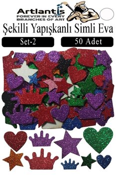 Artlantis Şekilli Simli Eva Yapışkanlı 50 li 1 Paket Kendinden Yapışkanlı Simli Eva Sticker Okul Öncesi Kreş A