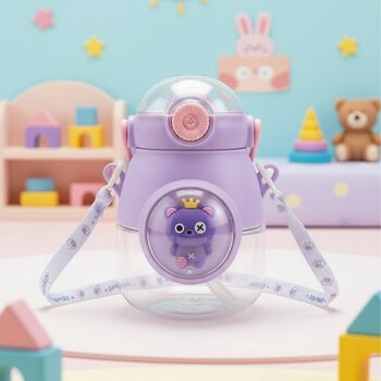 Krommet Sevimli Figürlü Pipetli Boyun Askılı Matara Otomatik Kapaklı Çocuk Matarası Okul Matarası 1000 ml - Mor