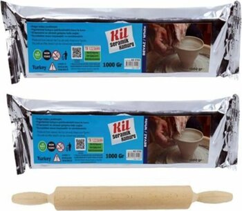 Hobialem Kil Hamuru Set-5, Seramik Hamuru, 2 Kg Beyaz Kil, Ahşap Merdane, Doğal Kil Hamuru
