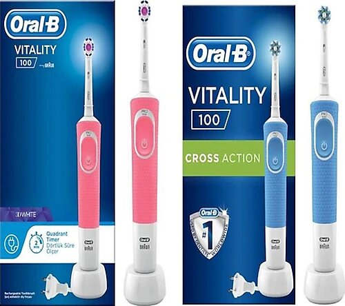 Oral-B D100 3D White Pembe Şarjlı Diş Fırçası + Cross Vitality Mavi Şarjlı Diş Fırçası