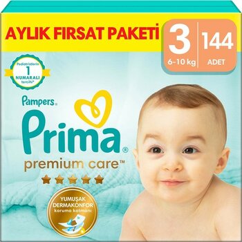 Prima Premium Care Bebek Bezi 3 Beden Midi 6-10 Kg Aylık Fırsat Paketi 144'lü