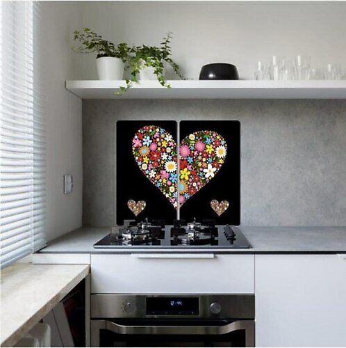 Dekoratif Cam Ocak Koruyucu Ve Kesim Tahtası Siyah Kalp 60cm X 52cm 2 Parça, 4'lü Ocaklar