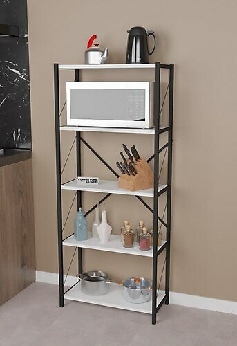 CMKStore Metal Mutfak Rafı 5 Raflı Dekoratif Malzeme Dolabı Mikrodalga Fırın Rafı Beyaz