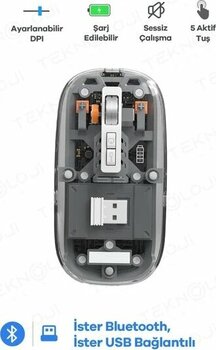 Bluetooth Usb Çift Modlu Sessiz Mouse, Şeffaf Mıknatıslı Kapaklı, Type-C Şarjlı, Dpı Ayarlı, Kablosuz 10M Çekim Mesafeli, Masaüstü Kısayol Tuşlu, Taşınabilir Şarjlı Mouse Siyah