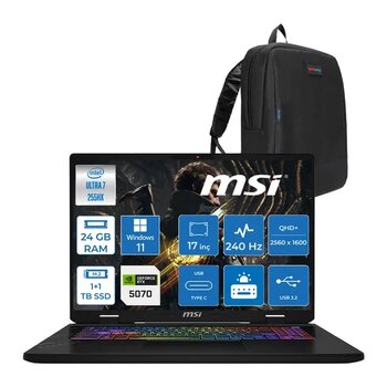 Msı Crosshaır 17 Hx Aı Wd2xwgkg Intel Core Ultra 7-255Hx Aı 24Gb Gb 1Tb Ssd +1Tb Ssd 8Gb/Rtx5070 115W 17″ 16:10 Qhd+(2560 X 1600), 240Hz Ips Wın11pro Gaming Laptop W018xtrw04+Zettaçanta
