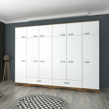 Rani BA133 Geniş Gardırop Elbise Dolabı 12 Kapaklı 2 Çekmeceli 16 Raflı 2 Askılı Minyatür Ceviz - Beyaz