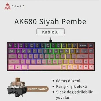 Ajazz AK680 Kablolu %65 Boy Mekanik Oyuncu Klavyesi-Rainbow Aydınlatma Hot-Swap - Brown Switch - Pembe