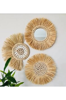 DekorHomes Bohem Duvar Ayna Seti Dekoratif Ayna Duvar Tabağı Hasır Tabak Bohem Ayna