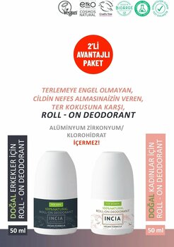 Incia %100 Doğal Roll On Deodorant Kadın Erkek Ter Kokusu Önleyici Lekesiz 50 ml 2'li Set