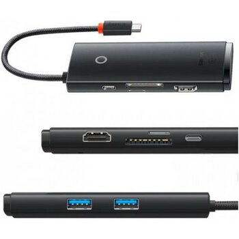 Baseus 100W 6in1 Pd Type C Çoğaltıcı Çevirici Hub, 2x Usb, 1x Hdmi, 1x Pd Type C, 1x Sd/tf Adaptör - Siyah