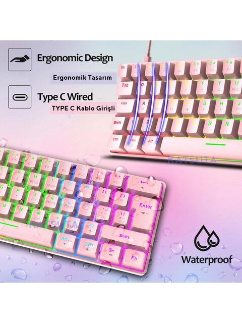 Katsuta Blue Switch Mekanik Mini 62 Tuşlu Pembe Kablolu Oyuncu Klavyesi