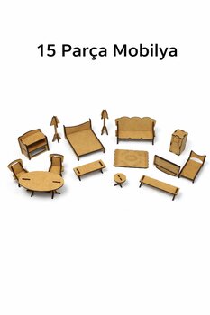 Porsuk Modern Ahşap Oyuncak Ev Mobilyası Oyuncak Ev Eşyası seti 15 Parça Mobilya Eşya Seti
