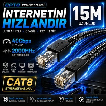 Airstorr Cat8 Ethernet Kablosu 40Gbps 2000MHz | Gaming & Modem Uyumlu Örgü LAN Kablosu 1-20m - 15 m