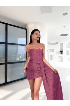 BEAUTY FASHİON Kadın Abiye Elbise Sarkıt Kumaş Detaylı Parlak Simli Mini Abiye & Mezuniyet Elbisesi S Beden