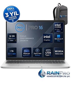 Dell Pro 16 Intel Core Ultra 7 255u 5.2GHz 16 GB Ddr5 1 TB SSD Intel® AI Boost 16" IPS Wuxga Windows 11 Pro Laptop