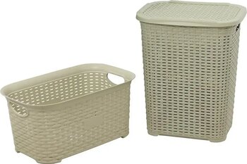 Sağlam Plastik Rattan Hasır Görünümlü Kirli Çamaşır Sepeti- Çamaşır sepeti 2'li Set Çölbeji