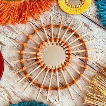 Aylak Tasarım Turuncu detaylı bambu ayna, bohem tarz şık ve doğal dekor ürünü