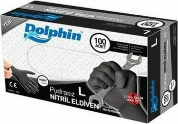 Dolphin Siyah Nitril Eldiven Pudrasız Ekstra Kalın (L) 100 Lü