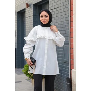 Kadın Brode Detay Taşlı Gömlek Beyaz