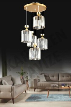 SONSUZ AYDINLATMA&AVİZE Gold 5'li Sarkıt Kristal Taşlı Aşağı Bakan Lüks Avize