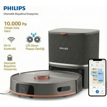Philips 10.000 Pa Rekor Emiş Gücü ve Çift Döner Paspaslı Robot Süpürge Leke Çıkarıcı Mop Teknolojisi Küçük Engel Algılama ve Lazer Navigasyon - Siyah