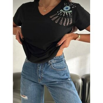 Göz Nakışlı ve Pullu Tişört - 0 Siyah - M