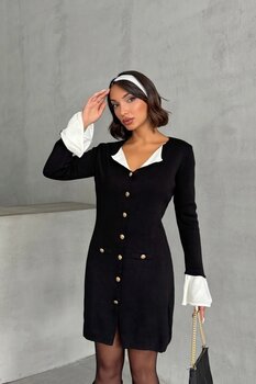 Lusin Kadın Siyah Şık Kol ve Yaka Detaylı Düğmeli Zarif Mini Triko Elbise Standart Beden