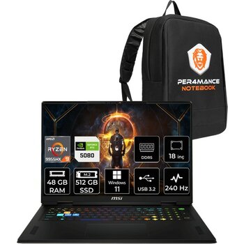 Msı Vector A18 Hx Amd Ryzen 9 9955HX 48GB 512GB SSD RTX5080/16GB 175W 18" Qhd+ 240Hz Windows 11 Pro Taşınabilir Bilgisayar & Per4 Çanta A9WIG093TRP367