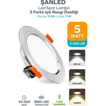 ŞANLED 5W 3 Renkli(Beyaz,Günışığı,Amber)Beyaz Krom Kasa Led Spot Lamba- 1 ADETTİR - Beyaz - Krom