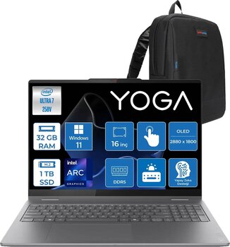 Lenovo Yoga 7 2-In-1 16ill10 Intel Core Ultra 7 258v 32gb 1tb Ssd Windows 11 Home Intel Arc 140v Oled 500nits 16" Wqxga+ (2880x1800) 120hz Dokunmatik Y83jt0018trh02 + Lenovo Yoga Kalem + Zetta Çanta