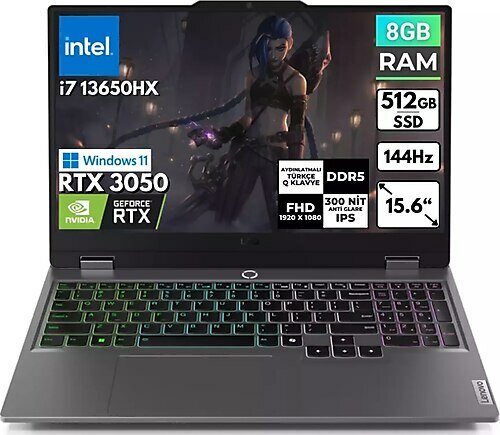 Lenovo LOQ 15IRX9 83DV00G5TR BT46 15.6 inç Intel Core i7 13650HX 8 GB 512 GB SSD NVIDIA GeForce RTX 3050 Windows 11 Home