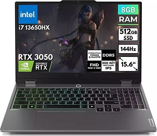 Lenovo LOQ 15IRX9 83DV00G5TR BT56 15.6 inç Intel Core i7 13650HX 8 GB 512 GB SSD NVIDIA GeForce RTX 3050 FreeDOS
