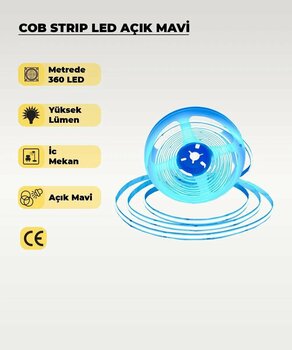 12v Cob Şerit Led Açık Mavi Işık  - Metrede 360 Led - 5 Metre