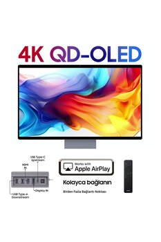 Samsung 32 inç QD-OLED Smart Monitör TV, 4K çözünürlük, 165Hz hız, 0.03ms tepki, HDMI 2.1 ve DisplayPort bağlantı, AI akıllı görüntü, siyah tasarım, oyun ve sinema için premium ekran sunar