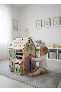 MARSWOODART Montessori Ahşap Aktivite Evi – Büyük Boy Ahşap Busyboard Eğitici Oyuncak