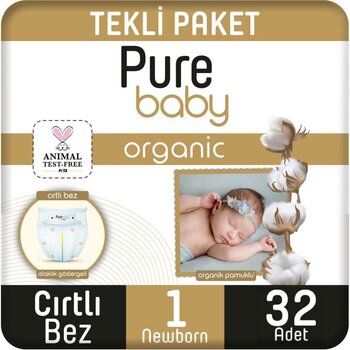 Pure Baby Organic Bebek Bezi 1 Numara Yenidoğan 32 Adet 2-5 Kg
