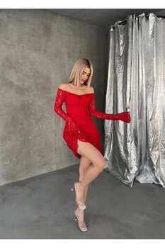 Paraf style Dantel detaylı kısa şık gece elbisesi M Beden