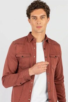 Tudors Slim Fit Dar Kesim Uzun Kol Bordo S Erkek Kot Gömlek