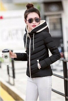 1Tarz Günlük Kapüşonlu Kışlık Şişme Kadın Mont - 2XL - Siyah